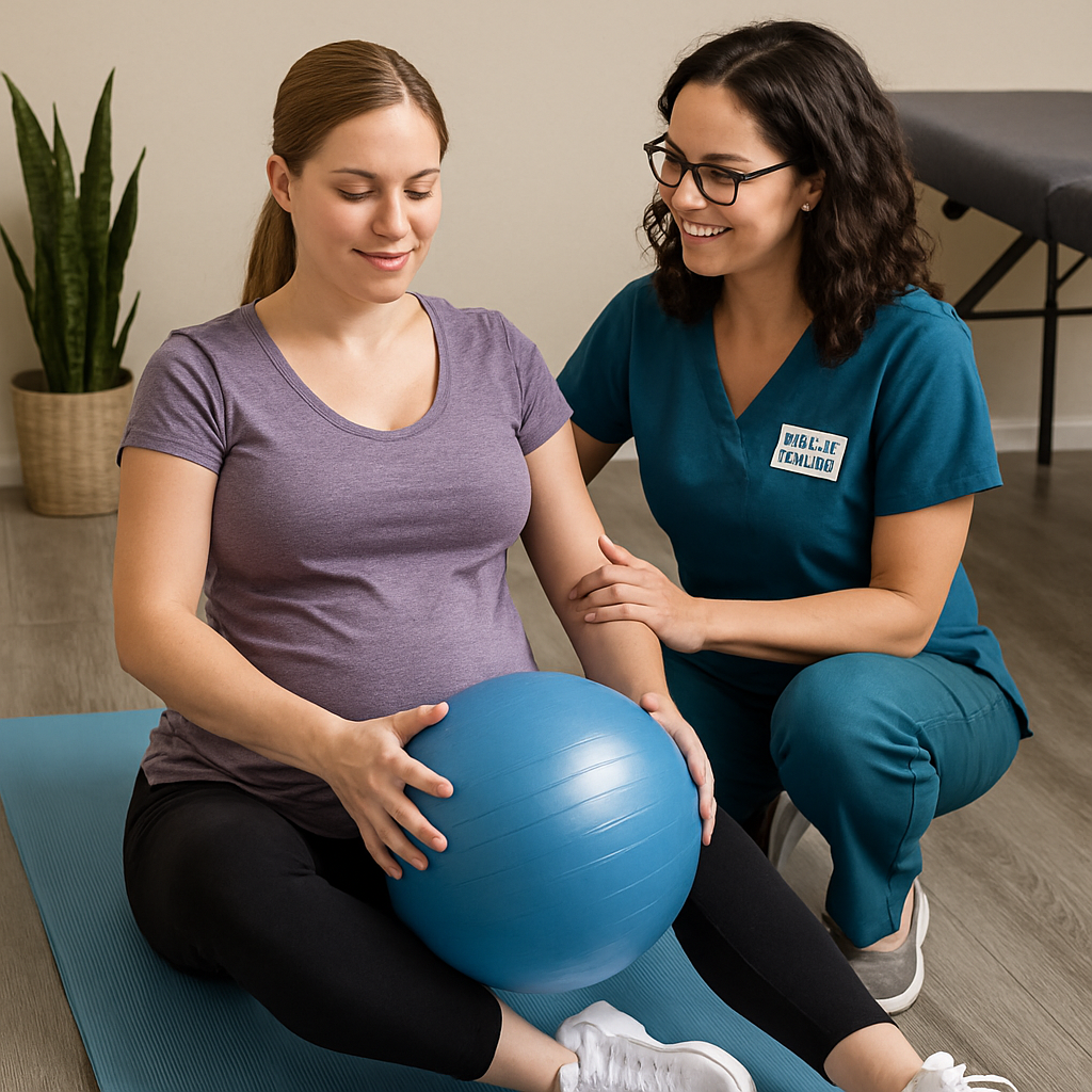 Expectant mother safely exercising with pelvic floor physical therapy guidance in Fort Worth to prepare for childbirth