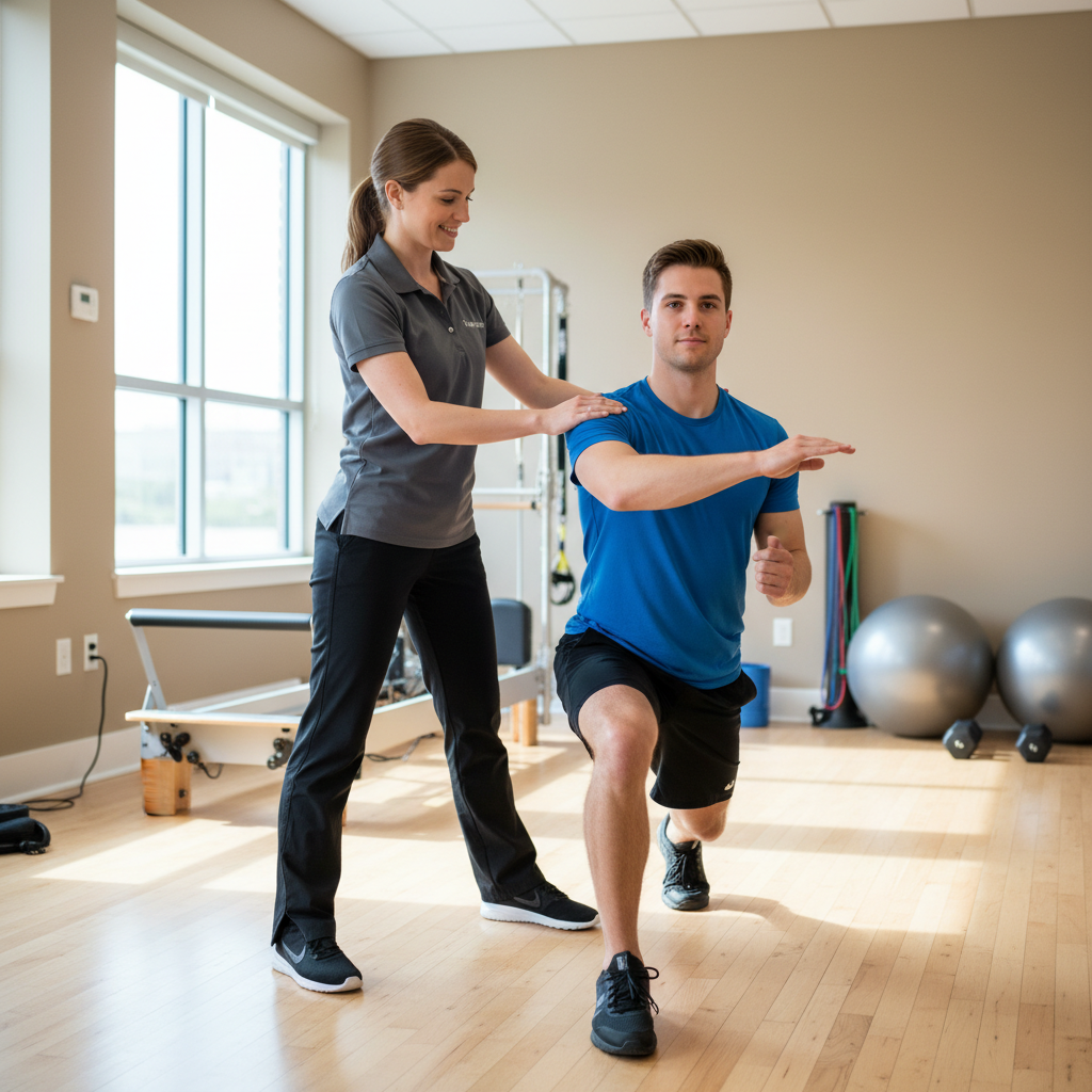 Physical therapist in Fort Worth demonstrating corrective exercise for athletic performance rehabilitation