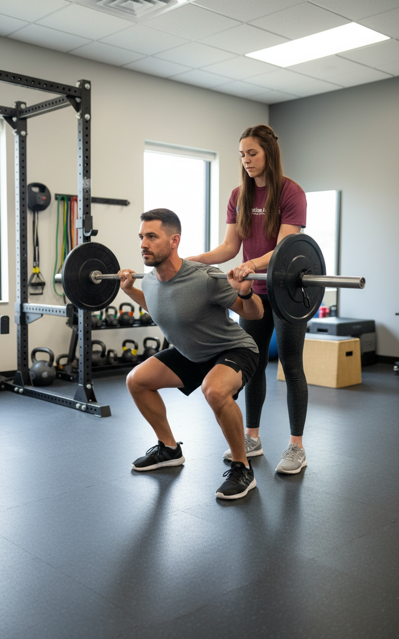  CrossFit athlete performing functional rehabilitation exercises with real gym equipment at Fort Worth physical therapy clinic